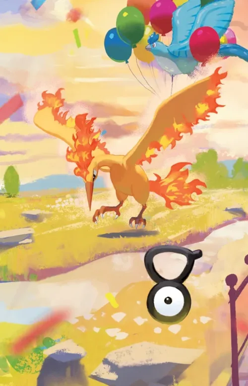 Tin artwork featuring Moltres, with an Unown hidden in the scene