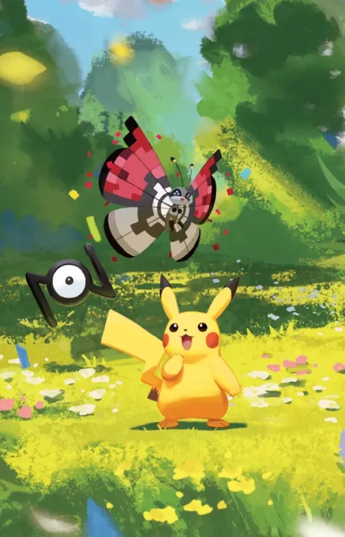 Tin artwork featuring Pikachu and Vivillon, with an Unown hidden in the scene