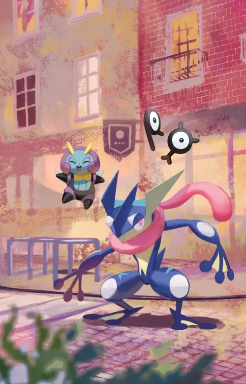 Tin artwork featuring Greninja, with an Unown hidden in the scene