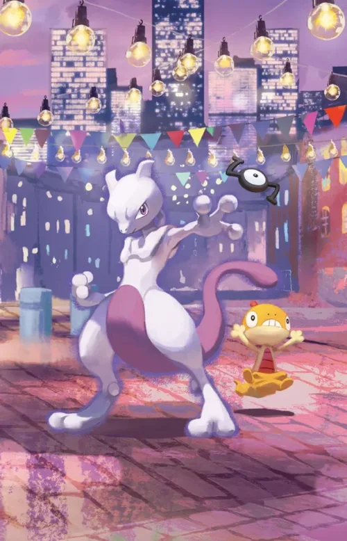 Tin artwork featuring Mewtwo and Scraggy, with an Unown hidden in the scene